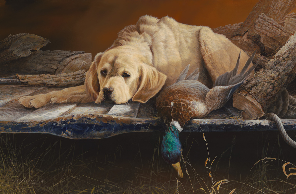 dog laying with duck art
